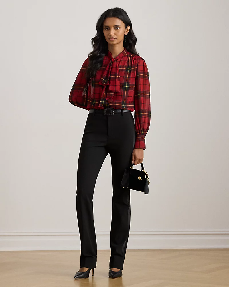 Polo Golf Ralph Lauren Checked Plaid Georgette Tie-Neck Blouse