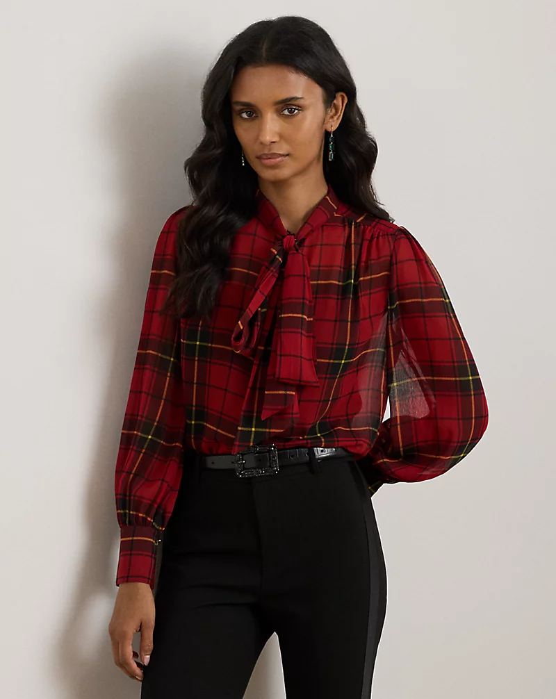 polo golf ralph lauren Checked Plaid Georgette Tie-Neck Blouse
