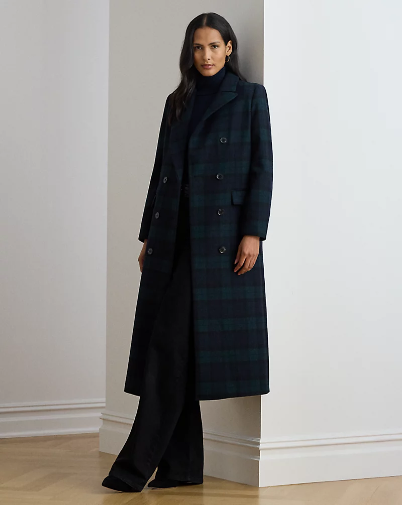 polo golf ralph lauren Double-Breasted Black Watch Plaid Coat