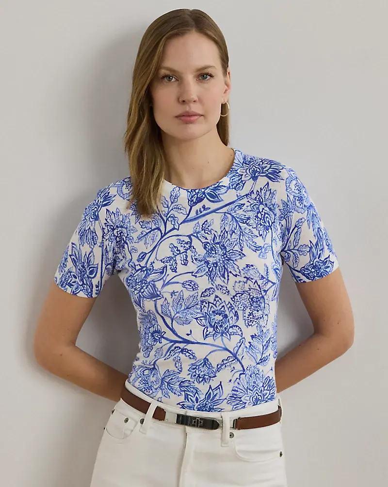 polo golf ralph lauren Floral Linen-Cotton Short-Sleeve Sweater