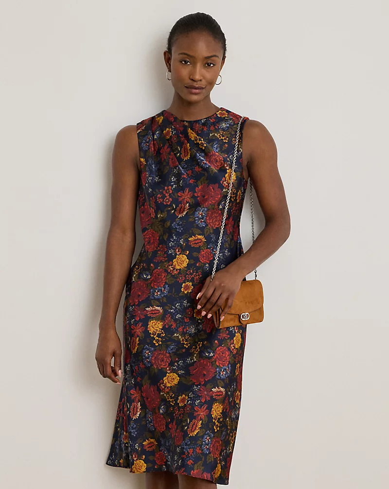 Polo Golf Ralph Lauren Floral Pleated Charmeuse Cocktail Dress