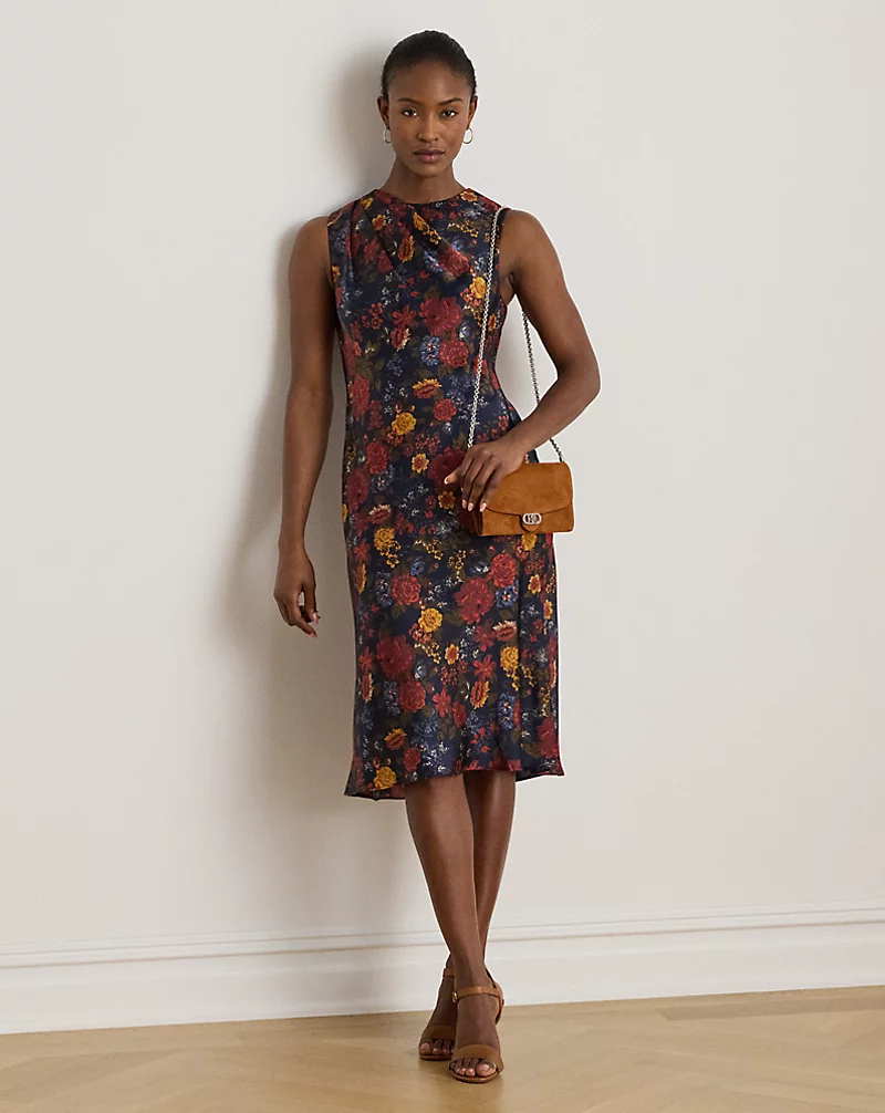 polo golf ralph lauren Floral Pleated Charmeuse Cocktail Dress