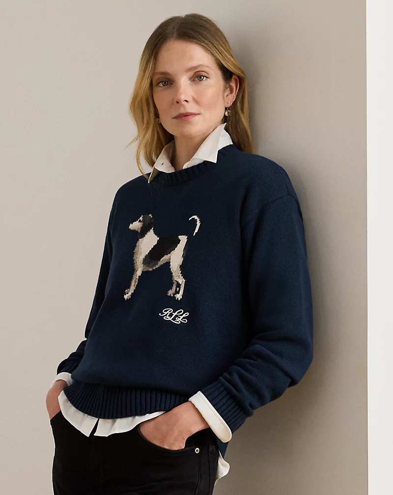 polo golf ralph lauren Intarsia-Knit Dog Cotton Sweater