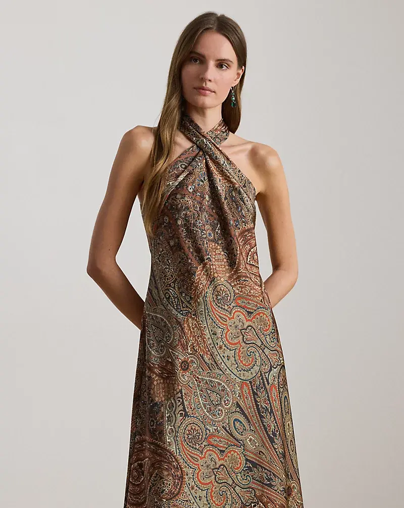 Polo Golf Ralph Lauren Paisley Charmeuse Halter Cocktail Dress