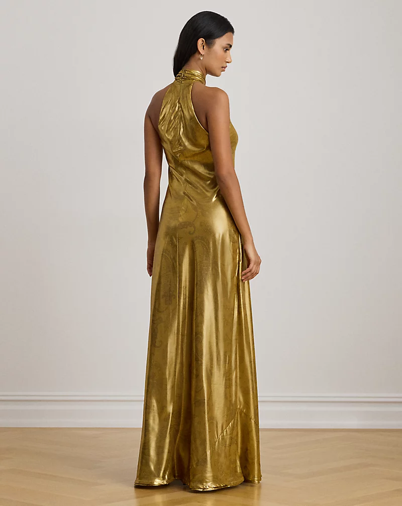 Polo Golf Ralph Lauren Paisley Metallic Georgette Halter Gown