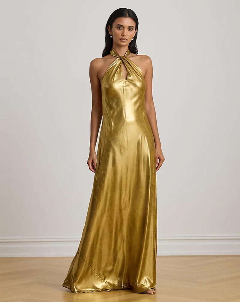 polo golf ralph lauren Paisley Metallic Georgette Halter Gown
