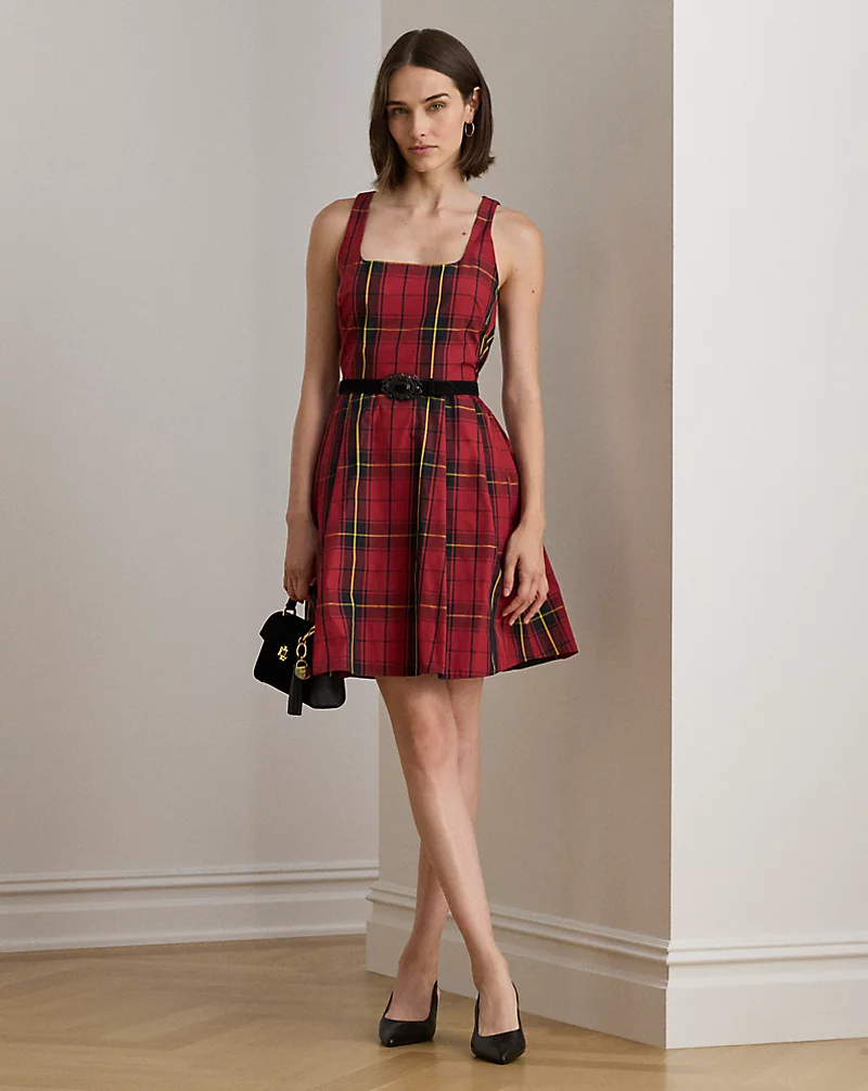 polo golf ralph lauren Plaid Belted Taffeta Cocktail Dress