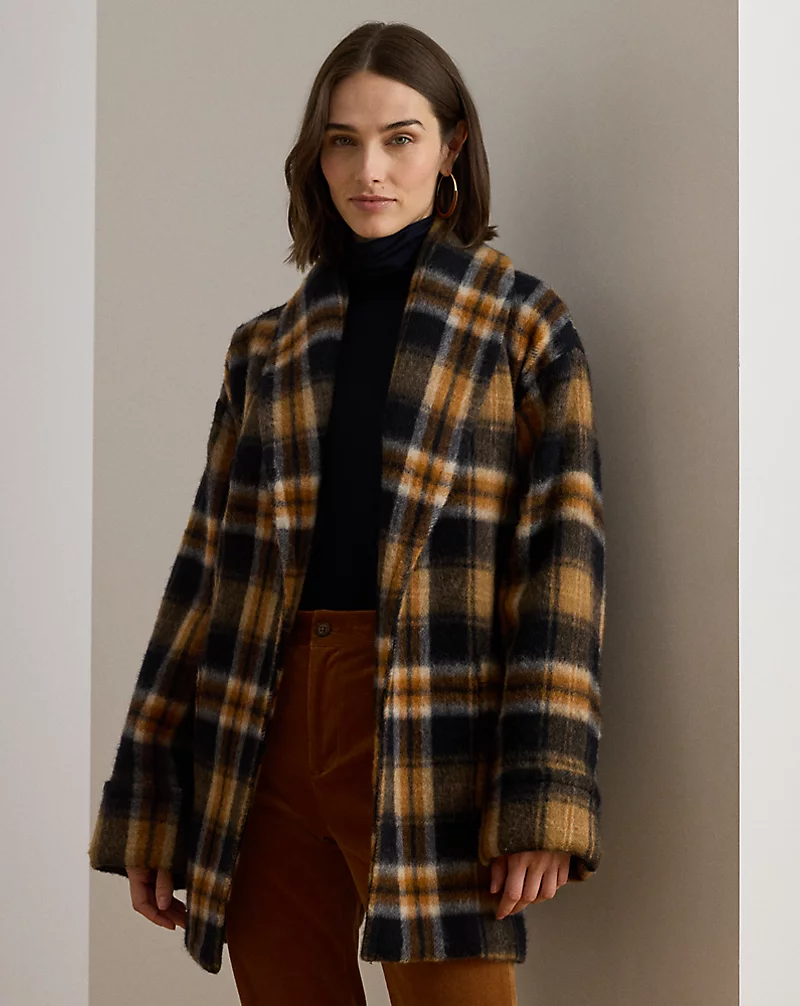 polo golf ralph lauren Plaid Wool-Blend Shawl-Collar Wrap Coat
