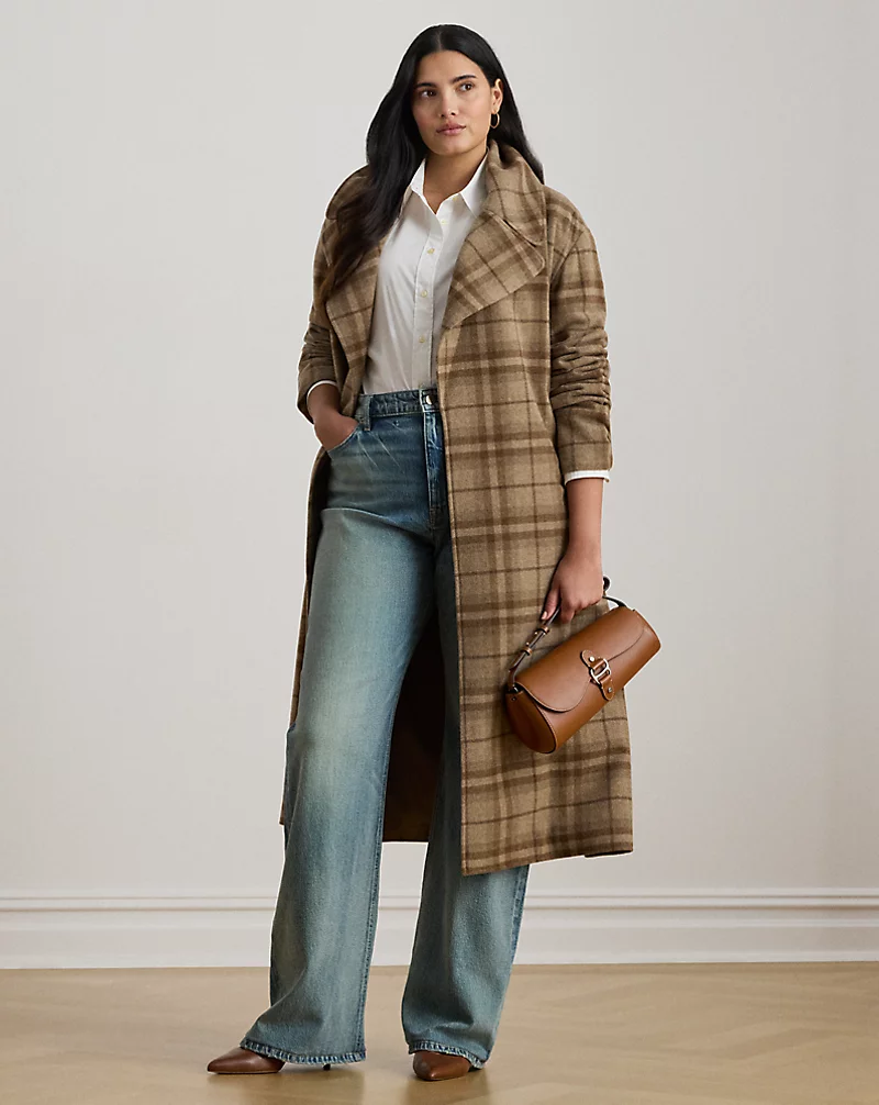 polo golf ralph lauren Plaid Wool-Blend Twill Wrap Coat