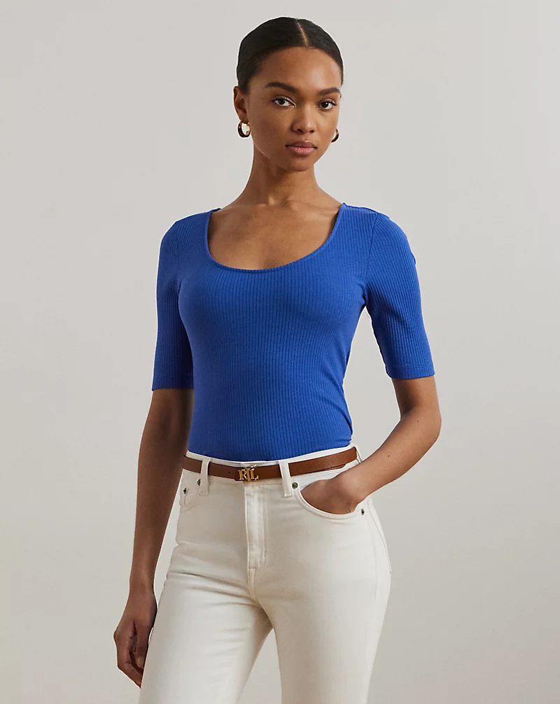 polo golf ralph lauren Rib-Knit Cotton-Blend Elbow-Sleeve Tee