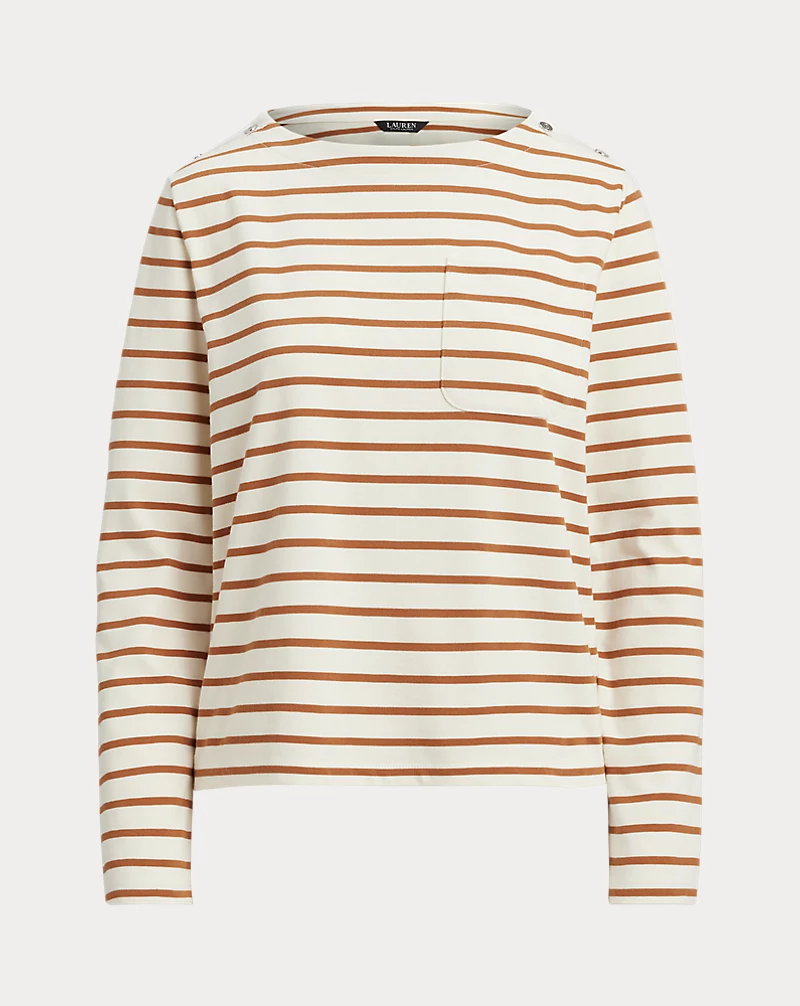 Polo Golf Ralph Lauren Striped Jersey Snap-Trim Boatneck Top
