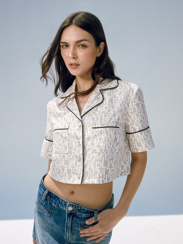 Pomelo Pomelo Abstract PML Logo Printed Cropped Shirt - Beige