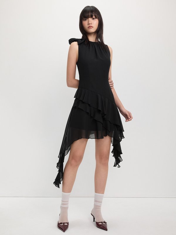 Pomelo Pomelo Asymmetrical Hem Bow Ruffle Dress - Black