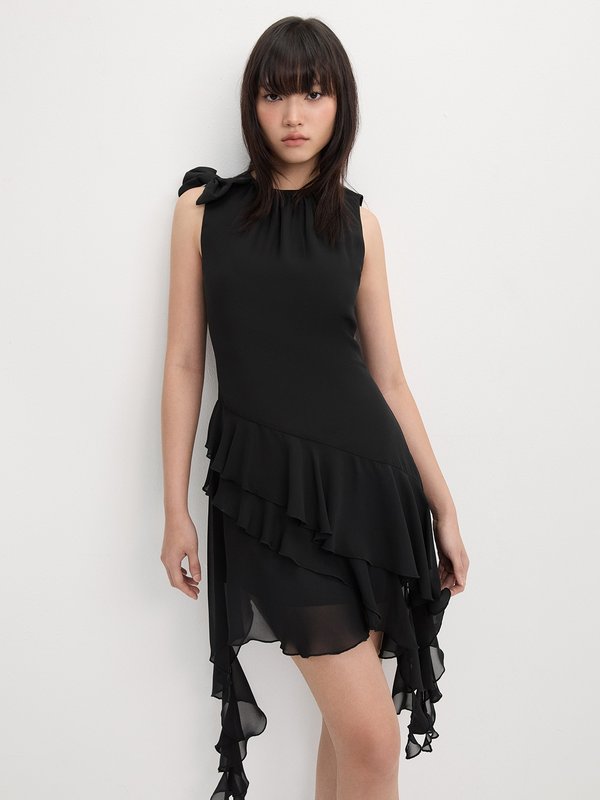 pomelo Pomelo Asymmetrical Hem Bow Ruffle Dress - Black