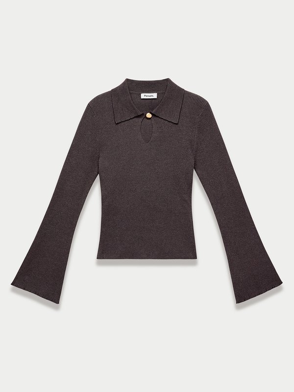 pomelo Pomelo Bell Sleeve Ribbed Keyhole Top - Mid Grey