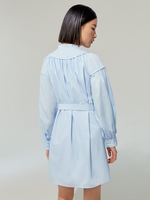 Pomelo Pomelo Belted Detail Cuffed Sleeve Mini Dress - Light Blue