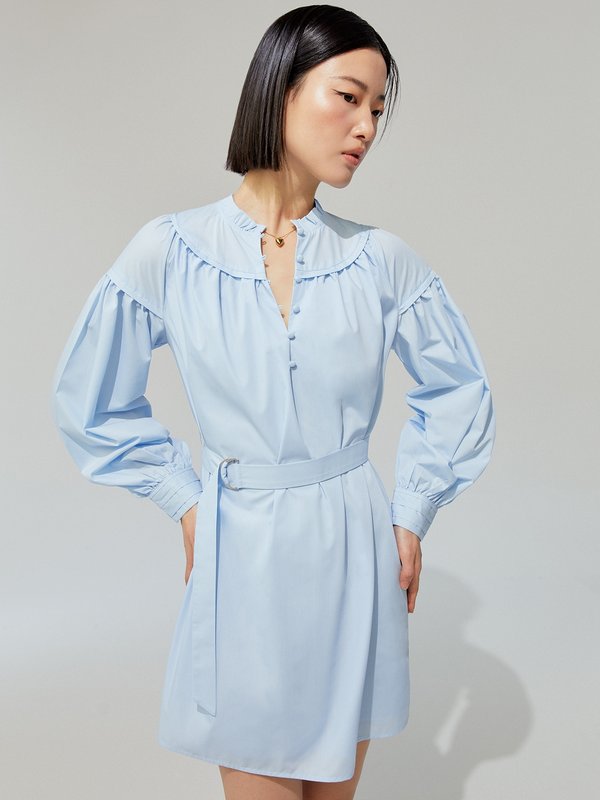 pomelo Pomelo Belted Detail Cuffed Sleeve Mini Dress - Light Blue
