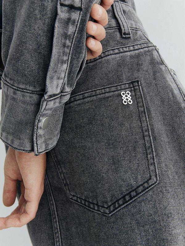 Pomelo Pomelo Bleached Button Up Denim Long-Sleeve Mini Dress - Black