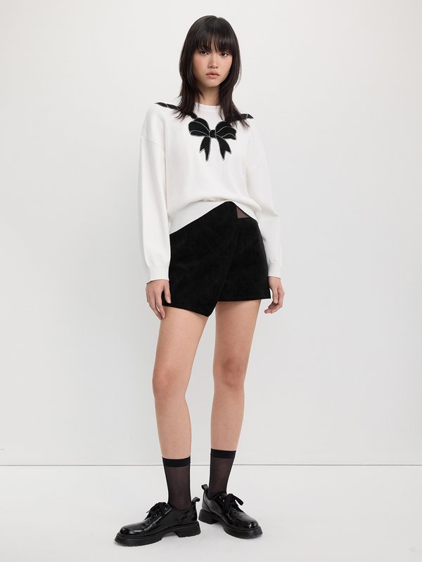 Pomelo Pomelo Bow Embellished Oversized Crop Sweater - White