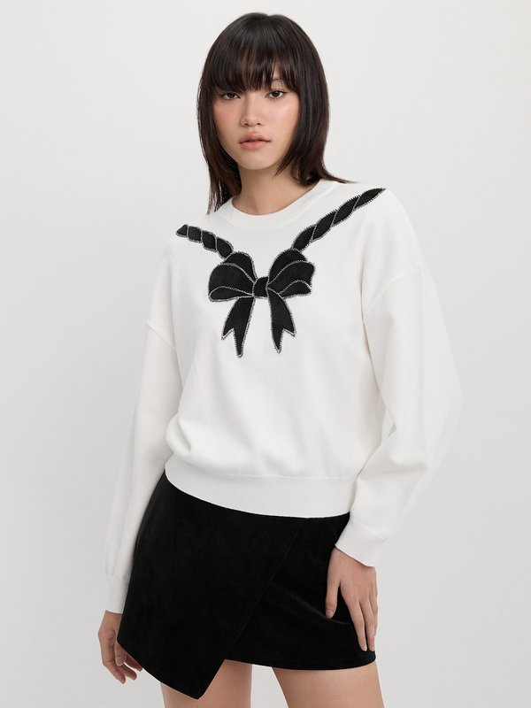 Pomelo Pomelo Bow Embellished Oversized Crop Sweater - White