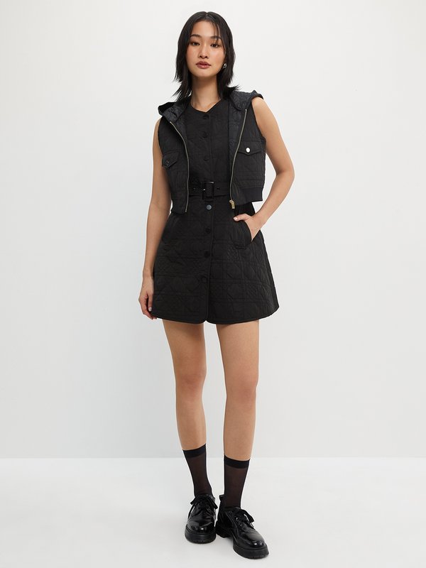 Pomelo Pomelo Buckle Belt Quilted Sleeveless Mini Dress - Black