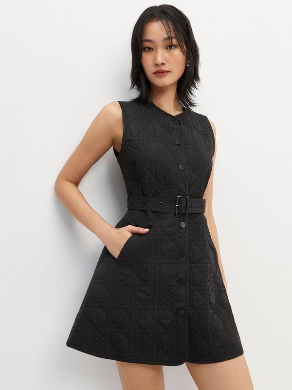 pomelo Pomelo Buckle Belt Quilted Sleeveless Mini Dress - Black