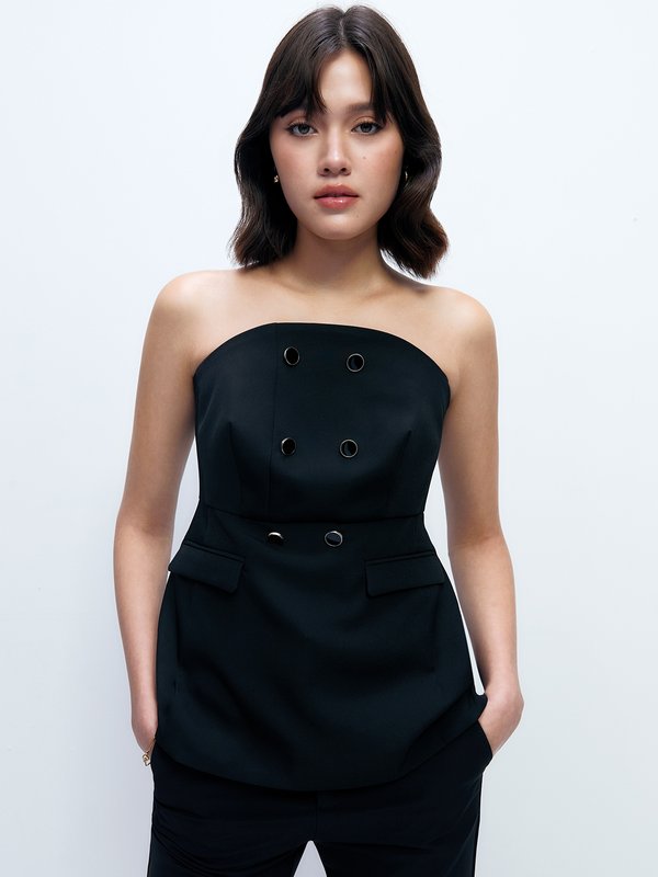 Pomelo Pomelo Button Detail Peplum Bustier Top - Black