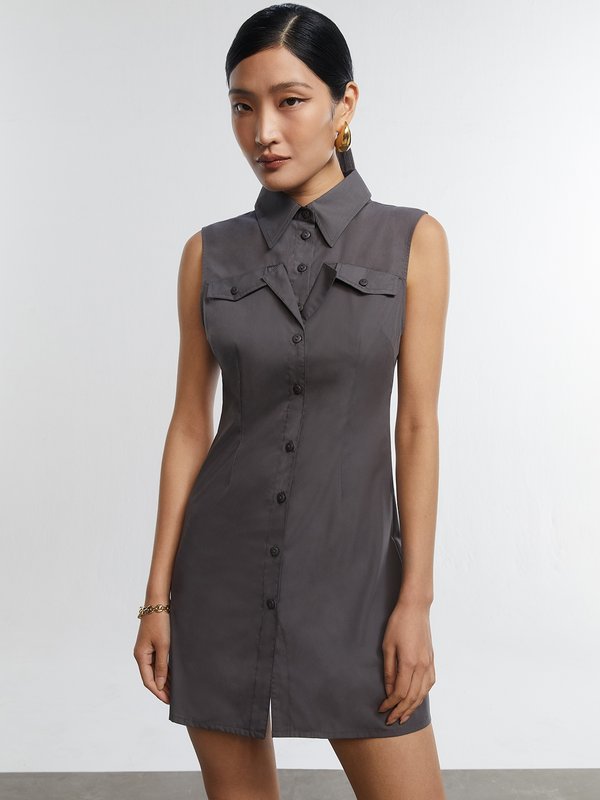 Pomelo Pomelo Button Up Sleeveless Shirt Dress - Mid Grey
