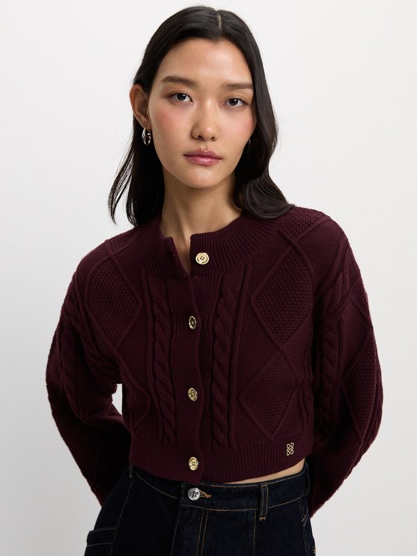 Pomelo Pomelo Buttoned Cable Knit Cardigan - Burgundy