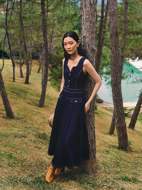 Pomelo Pomelo Buttoned Contrast Stitch Dress - Dark Blue