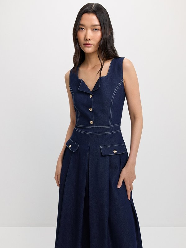Pomelo Pomelo Buttoned Contrast Stitch Dress - Dark Blue