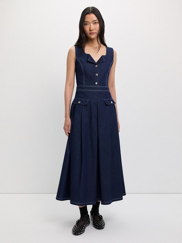 Pomelo Pomelo Buttoned Contrast Stitch Dress - Dark Blue