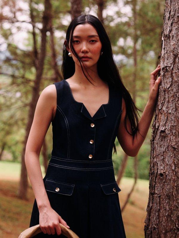 pomelo Pomelo Buttoned Contrast Stitch Dress - Dark Blue