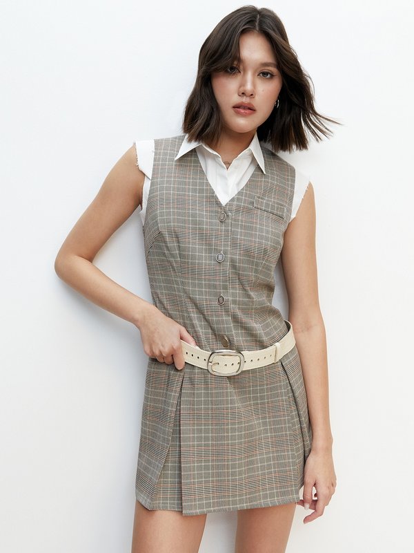 Pomelo Pomelo Checked Mini Dresses With Pomelo Buttons - Brown