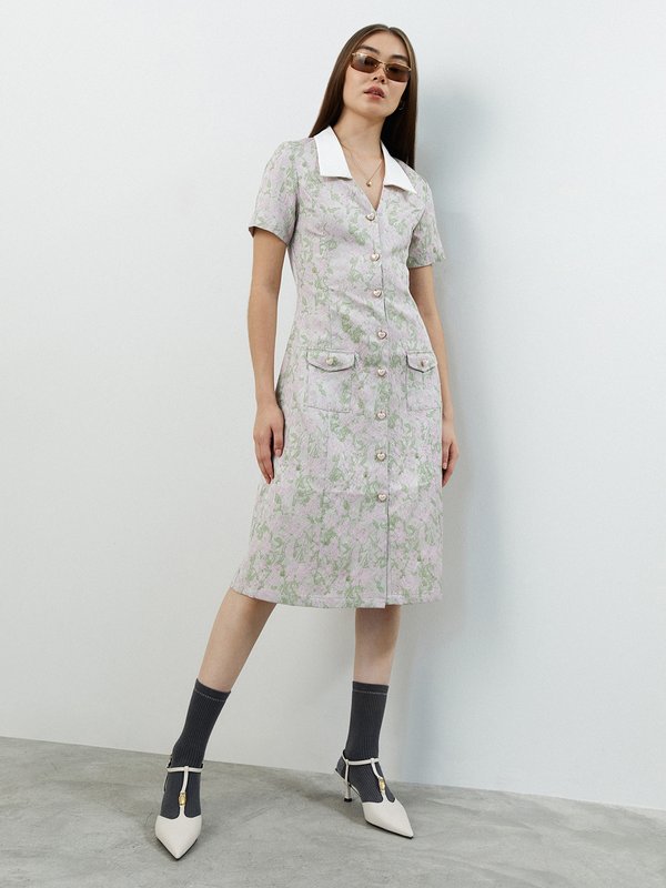 Pomelo Pomelo Collared Floral Detail Midi Dress - Pink