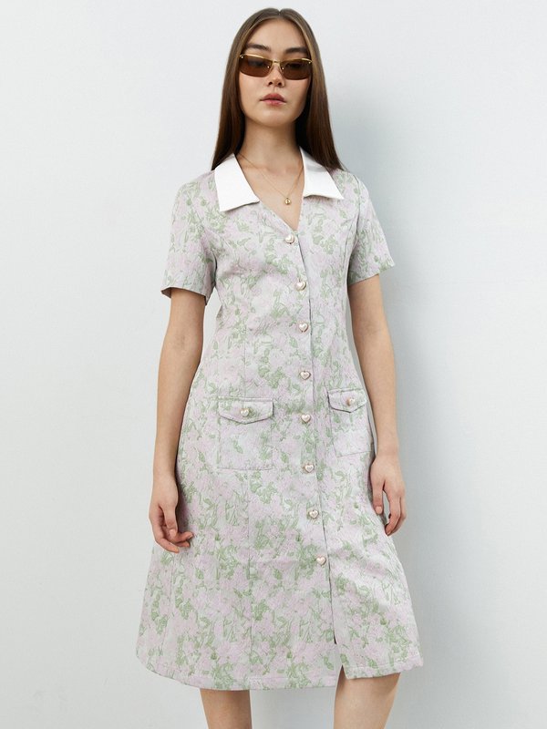 pomelo Pomelo Collared Floral Detail Midi Dress - Pink