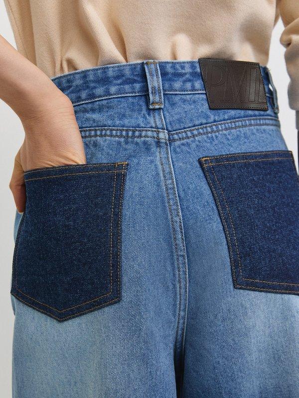 Pomelo Pomelo Contrast-Color Pocket-Design Wide-Leg Jeans - Blue