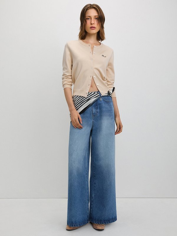 Pomelo Pomelo Contrast-Color Pocket-Design Wide-Leg Jeans - Blue