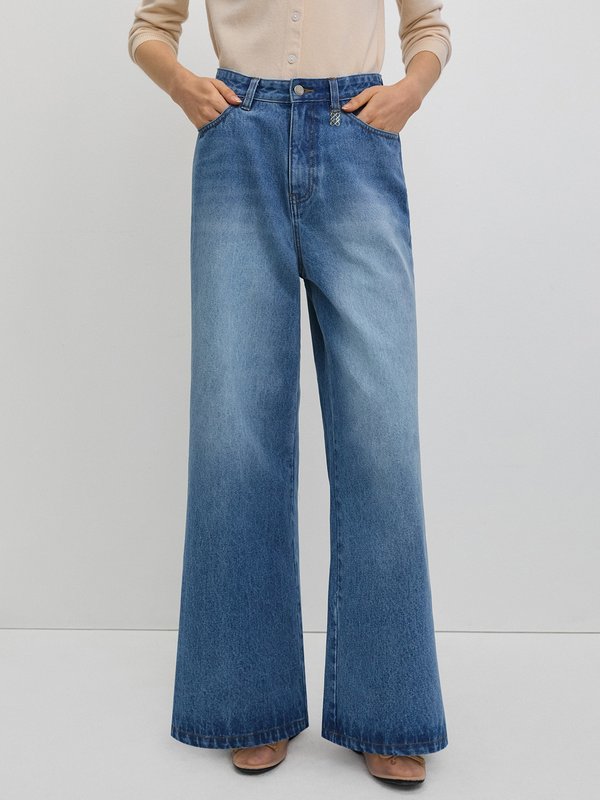 pomelo Pomelo Contrast-Color Pocket-Design Wide-Leg Jeans - Blue