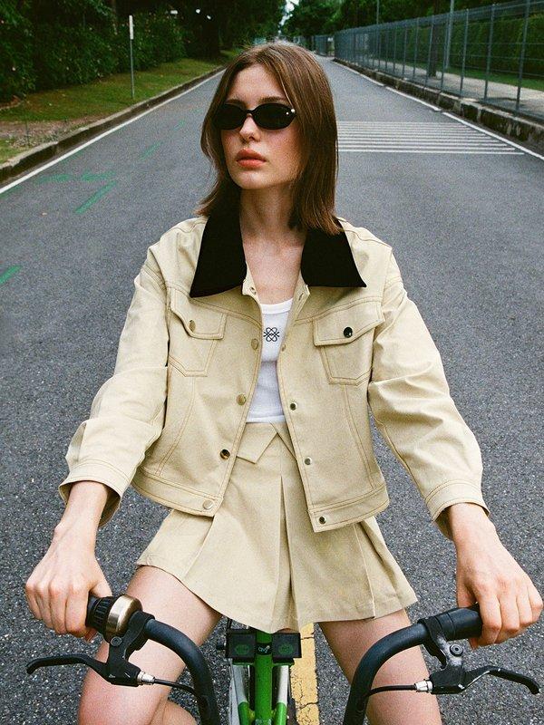 Pomelo Pomelo Contrast Stitch Buttoned Jacket - Beige