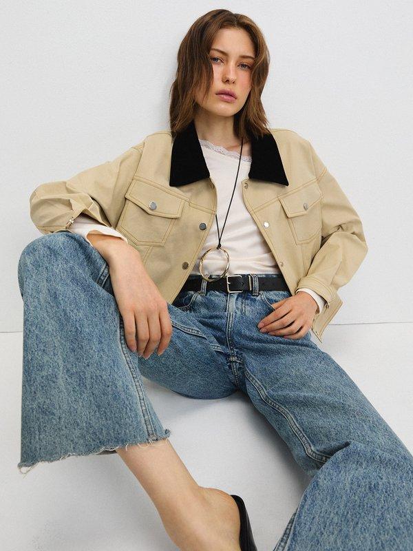 Pomelo Pomelo Contrast Stitch Buttoned Jacket - Beige