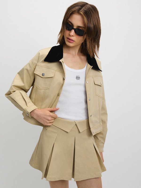 Pomelo Pomelo Contrast Stitch Buttoned Jacket - Beige