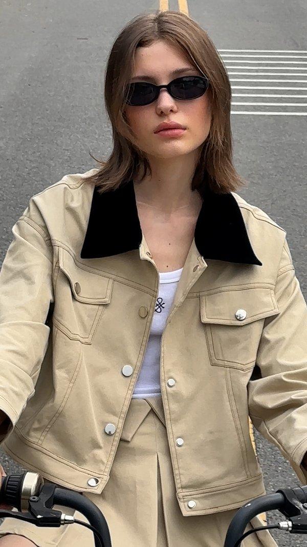 pomelo Pomelo Contrast Stitch Buttoned Jacket - Beige