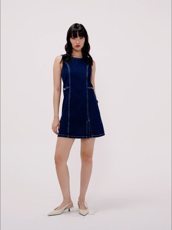 pomelo Pomelo Contrast Stitch Denim Dress - Dark Blue