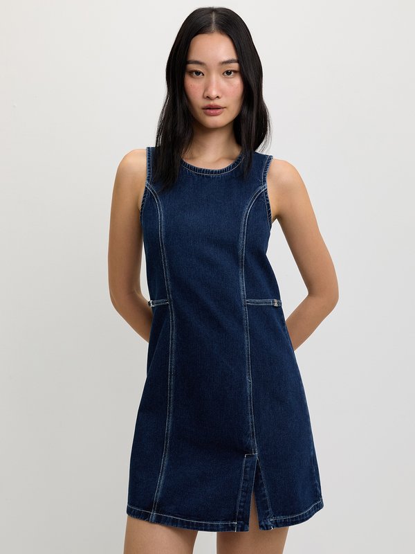 Pomelo Pomelo Contrast Stitch Denim Dress - Dark Blue