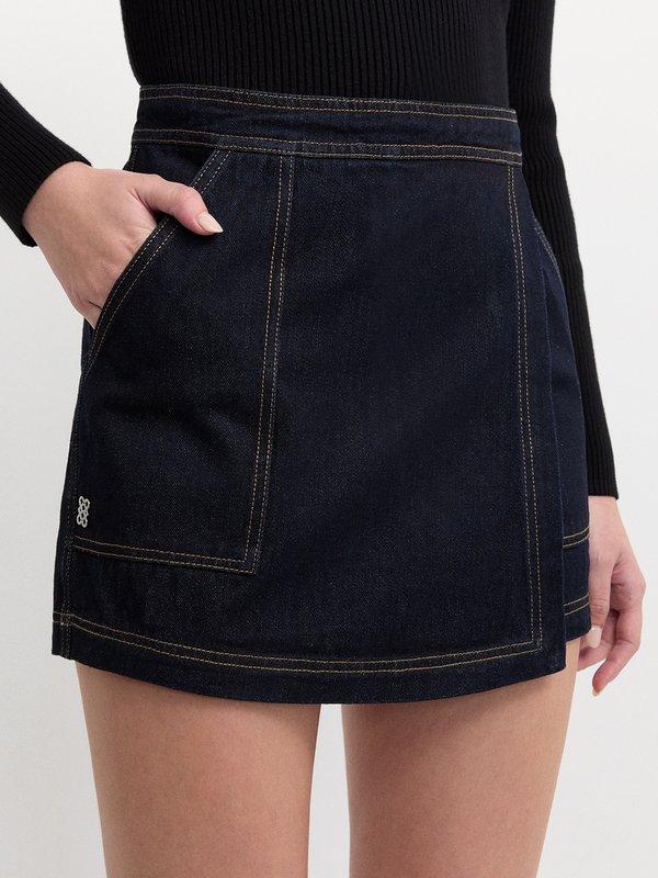 pomelo Pomelo Contrast Stitch Denim Skirt - Dark Blue