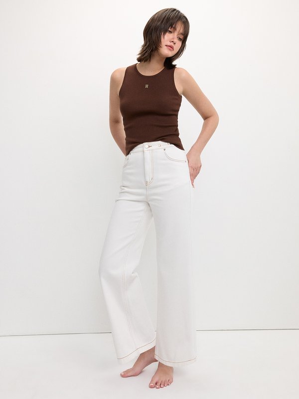Pomelo Pomelo Contrast Stitch Wide Leg Jeans - Off-White