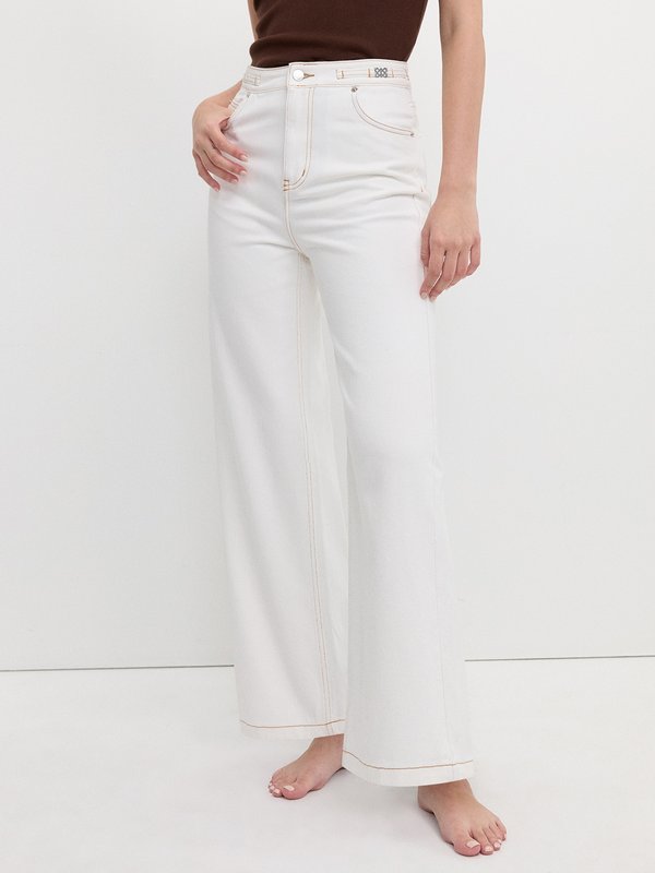 pomelo Pomelo Contrast Stitch Wide Leg Jeans - Off-White