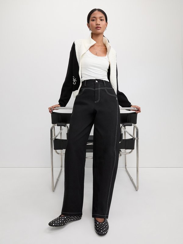 Pomelo Pomelo Contrast Stitch Wide Leg Trousers - Black