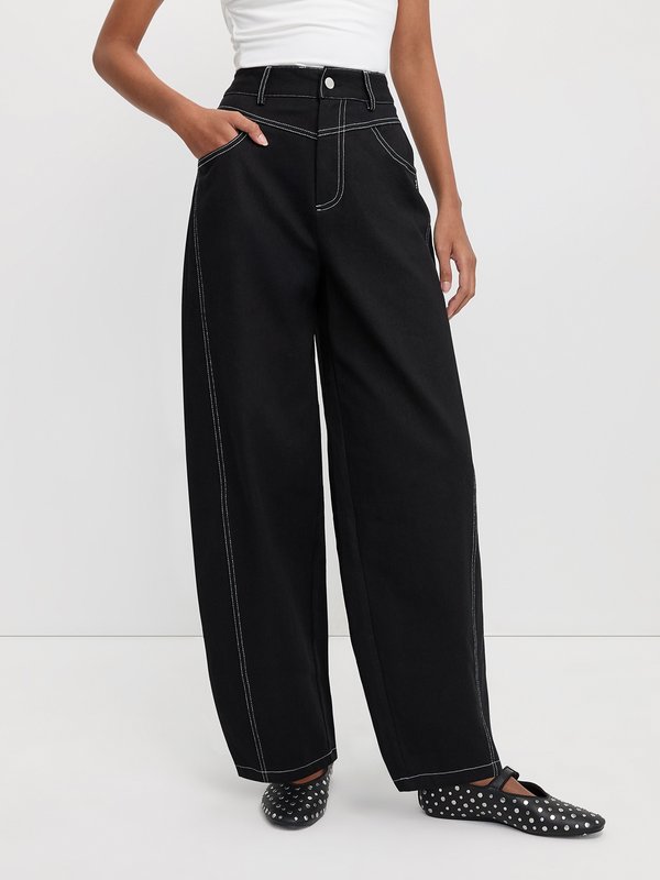 pomelo Pomelo Contrast Stitch Wide Leg Trousers - Black